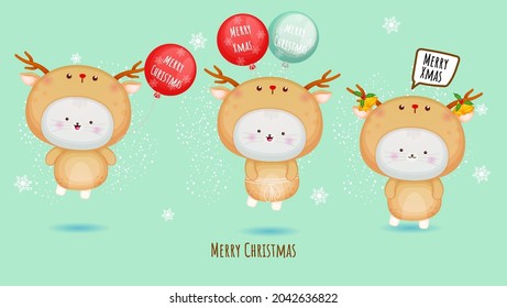 Cute kitty in deer costume  for merry christmas with balloon illustration set Premium Vector