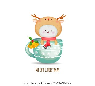 Cute kitty in deer costume  for merry christmas with tea cup illustration Premium Vector