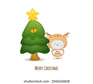 Cute kitty in deer costume for merry christmas with christmas tree illustration