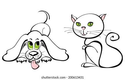 Cute kitty and doggie with shining green eyes, simple line art