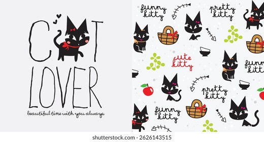 cute kitty doodle vector with pattern design