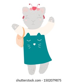 Cute kitty in a dress with a handbag, bezel, dancing. Flat illustration.