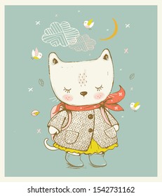 Cute Kitty dressed in a coat and with a backpack on his back. Hand drawn vector illustration. Can be used for t-shirt print, kids wear fashion design, baby shower invitation card.