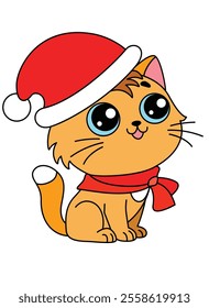 Cute Kitty dressed in a scarf and Santa hat - vector full-color picture. Big-eyed Kitten celebrates Christmas.