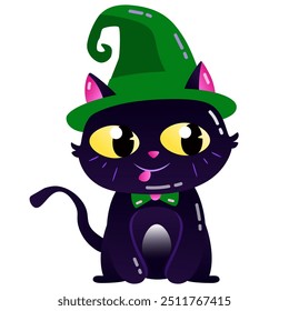 Cute kitty dressed up as a witch for the Halloween holiday. Vector illustration