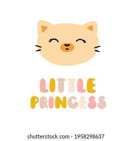 Kätzliches Gesicht mit der Bildunterschrift kleine Prinzessin. Vektorclip-Kunst auf isoliertem Hintergrund. Druck für Kinderbekleidung