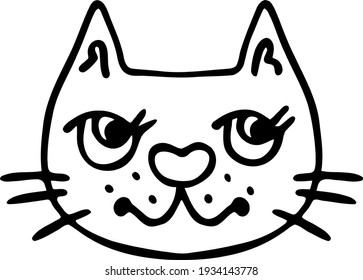 Cute kitty face is smiling. Cartoon picture of big-eyed domestic cat. Friendly pet for kids. Vector clipart for funny icons, nursery prints design. Animal doodle. Isolated black line art illustration 