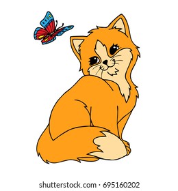 cute kitty and a flying butterfly