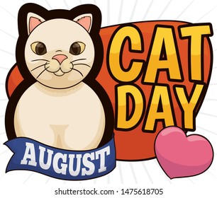 Cute kitty forming the number eight with its body with ribbon and a pink heart to celebrate Cat Day in August 8.