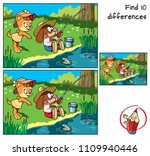 Cute kitty and funny little dog are fishing. Find 10 differences. Educational game for children. Cartoon vector illustration