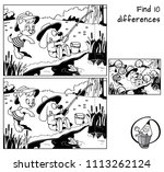 Cute kitty and funny little dog are fishing. Find 10 differences. Educational game for children. Black and white cartoon vector illustration