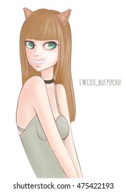 Cute kitty girl in grey shirt. Cartoon character