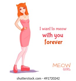 Cute kitty girl in pink dress. Cute character