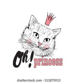 Cute kitty girl vector print with inscription black and pink color