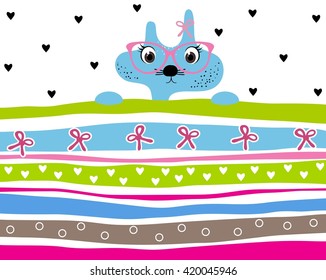 Cute kitty girl wearing glasses striped background with hearts and ribbons. Animal striped background. Kitty wallpaper for girls 