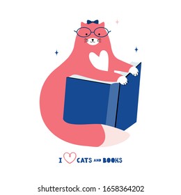 Kätzchen mit Brille und einer Schleife, die ein Buch liest.Literaturfan. Intelligente Katze lernt. Lieblingstier. Funny Cartoon rosa Kätzchen Happy Animal Charakter. Handgezeichnete Vektorillustration im skandinavischen Stil