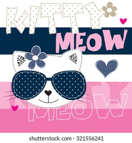 cute kitty with glasses, T-shirt design vector illustration