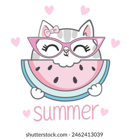 A cute kitty with glasses and a watermelon. The summer slogan. Cute kitty with fruits. Fashionable children's vector. Cool Scandinavian illustration for T-shirts, children's clothing, invitation desig