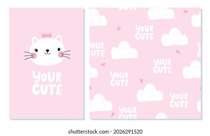 Cute kitty greeting card and simple seamless pattern for kids. Handwritten lettering. It is suitable for designing children's clothing, greeting and invitation cards, posters, interior decor