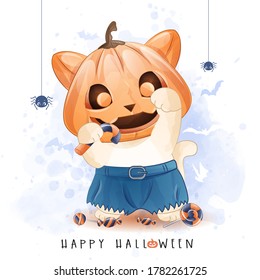 Cute kitty for halloween day with watercolor illustration