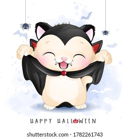 Cute kitty for halloween day with watercolor illustration