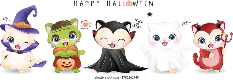 Cute kitty for halloween day with watercolor illustration