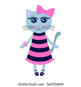 Cute kitty. Hand drawn cat girl in dress and shoes. With big pink bow on her head. Isolated. Vector illustration in flat style. On white background. 