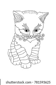 Cute kitty. Hand drawn picture. Sketch for anti-stress adult coloring book in zentangle style. Vector illustration for coloring page.