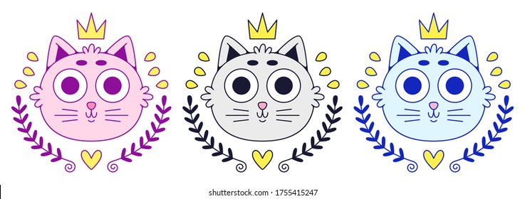 Cute kitty head. Colorful cat logo. Art for t-shirt.