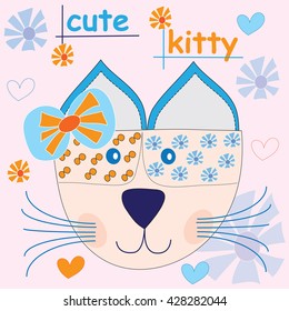 cute kitty head with flowers and hearts vector illustration