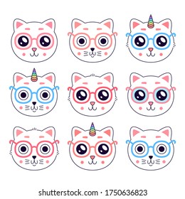 Cute kitty head. Set of cat logo. Art for t-shirt.