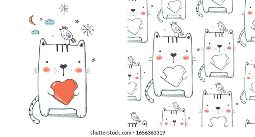 Cute Kitty with heart. Set. Seamless pattern. hand drawn vector illustration. Can be used for t-shirt print, kids wear fashion design, baby shower invitation card.