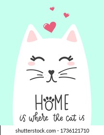 Cute kitty with hearts decorations and lettering vector illustration. Domestic animal with handwritten text flat style. Inspiration concept. Isolated on blue background