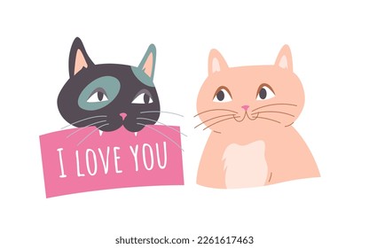 Cute kitty holding sign I love you in teeth vector illustration. Cartoon portrait of two funny cats for romantic greeting card on Valentines Day, adorable sweet faces of kitten characters in love