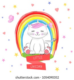 Cute kitty and inscription Little Unicorn. Hand drawn Valentines Day Greeting card with charming cat on