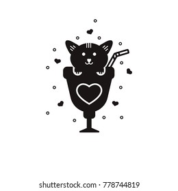 Cute kitty into cocktail glass black silhouette. Valentine's Day illustration, symbol,sign, design element. Little kitty into cup - monochrome pictogram on isolated background.
