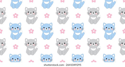 Cute kitty isolated on a white background. Seamless pattern under clipping mask, convenient for editing. The background color can be easily replaced. Childish background for paper, cover, textile.
