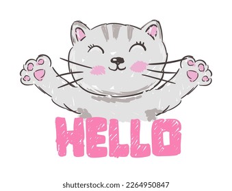 Cute Kitty with lettering Hello. Funny baby cat useful for many applications, your designs, prints for apparel, scrapbooking projects.