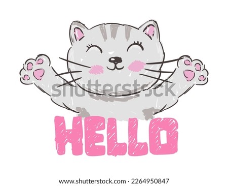 Cute Kitty with lettering Hello. Funny baby cat useful for many applications, your designs, prints for apparel, scrapbooking projects.