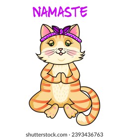 Cute kitty meditating in lotus pose. Cat doing yoga. A kitten in zen balance. Mascot friendly pet. Vector illustration in flat style. 