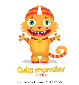 Cute Kitty Monster Vector Illustration. Luck Cartoon Mascot. Vector Funny Fantastic Animals.