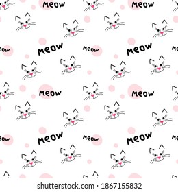 Cute kitty muzzle pattern. Seamless pattern on white background. Use for background or printing on fabric. Vector cartoon Illustration. 