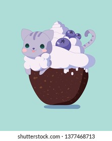 Cute kitty on a chocolate cupcake with blueberry cream