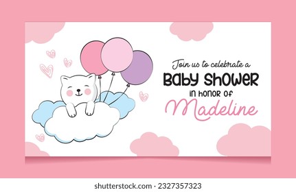 lindo gatito en la nube y globos. pancarta de ducha de bebé .ilustración vectorial