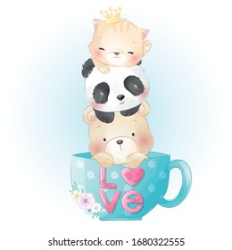 Cute kitty, panda and bear sitting inside the coffee cup