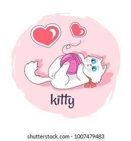 Cute kitty in pink circle vector illustration of happy white cat with beautiful blue eyes, playing with threaded clew, nice hearts with white framing