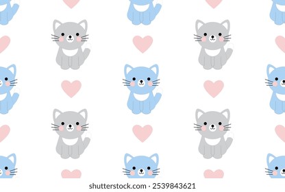Cute kitty and pink heart isolated on a white background. Seamless pattern in flat style. Childish background with cats for textile, paper, cover, dishes, interior decor.