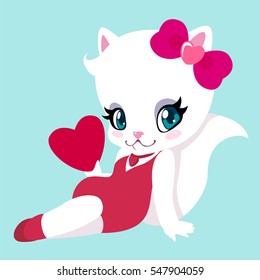 Cute kitty in pin-up style with heart in hand for Valentine's day. Greeting card.
