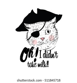 Cute kitty pirate vector print with inscription black and pink color