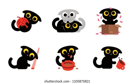 Cute kitty playing with box, ball of wool, with another little kitty, with laser, with food and coffee.
100% vector layered file.